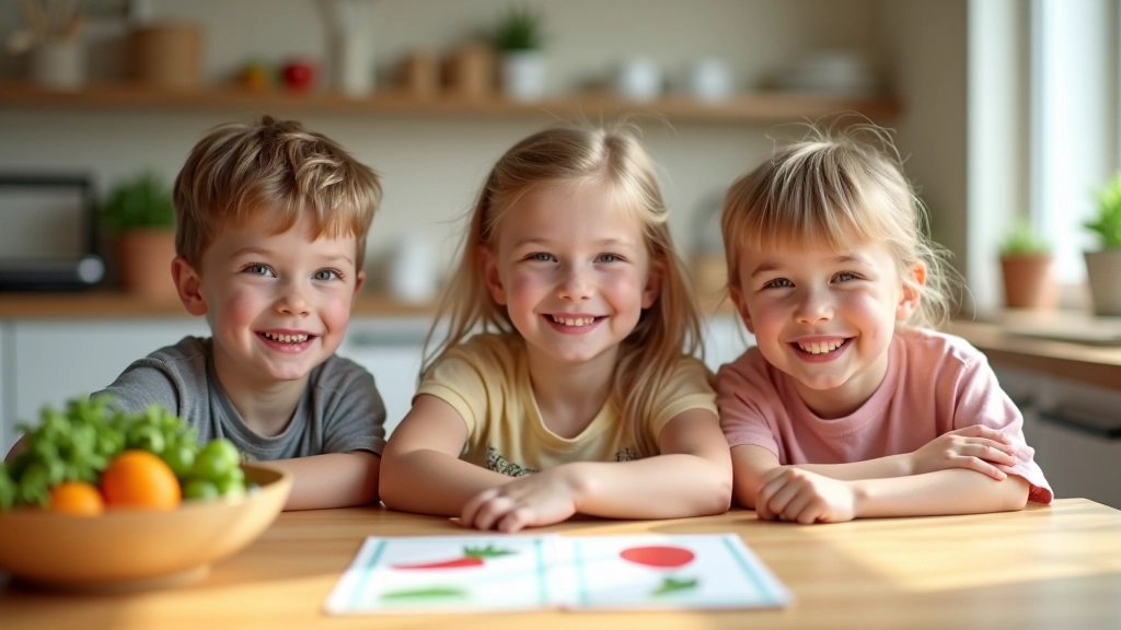 Enfants participant à un atelier de planification des repas, souriant en pointant des ingrédients