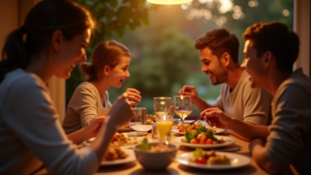 Famille autour d'une table en train de manger un plat préparé le dimanche