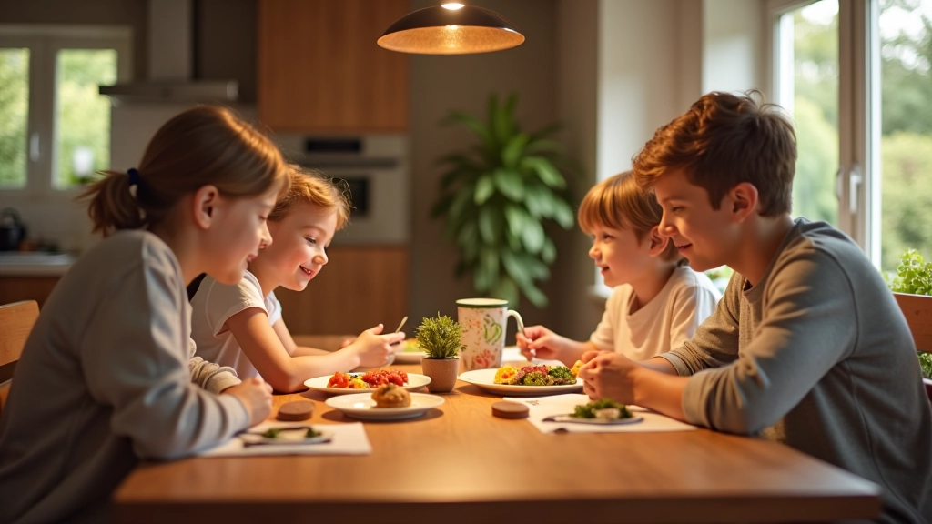Famille autour d'une table, enfants pointant sur des images de recettes