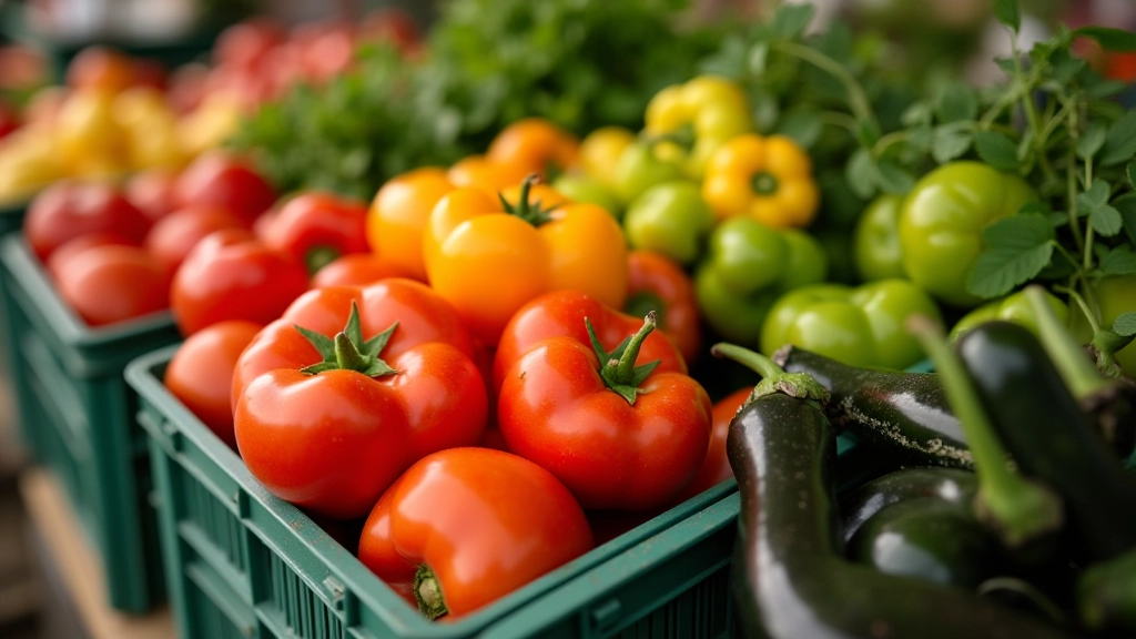 Gros plan sur des produits frais au marché : tomates rouges, poivrons, aubergines et herbes aromatiques
