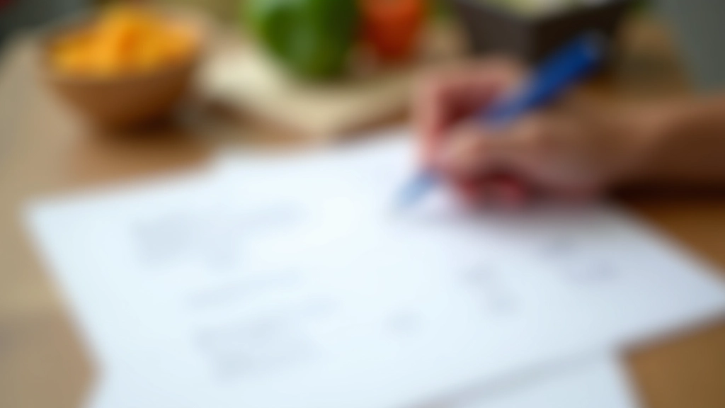 Main écrivant les prix et ingrédients sur une feuille de papier blanc avec un stylo bleu, table de cuisine en arrière-plan, lumière naturelle