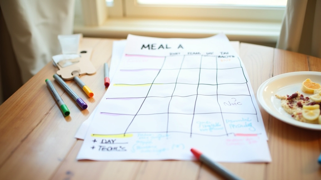 Tableau blanc avec menu hebdomadaire écrit au marqueur, stylos de couleur à côté