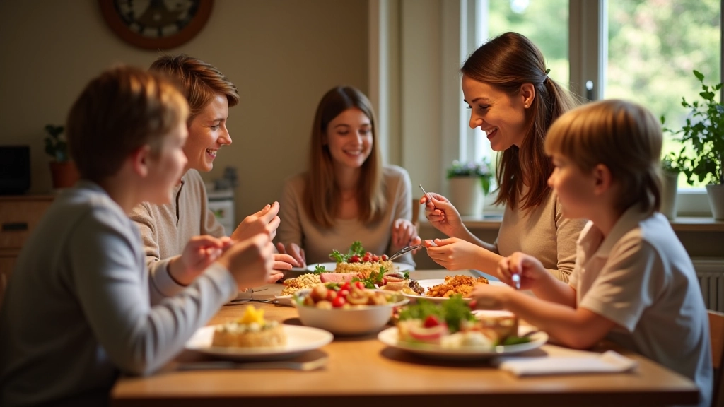 Famille française autour d'une table avec repas maison, sourires, ambiance conviviale et lumière naturelle