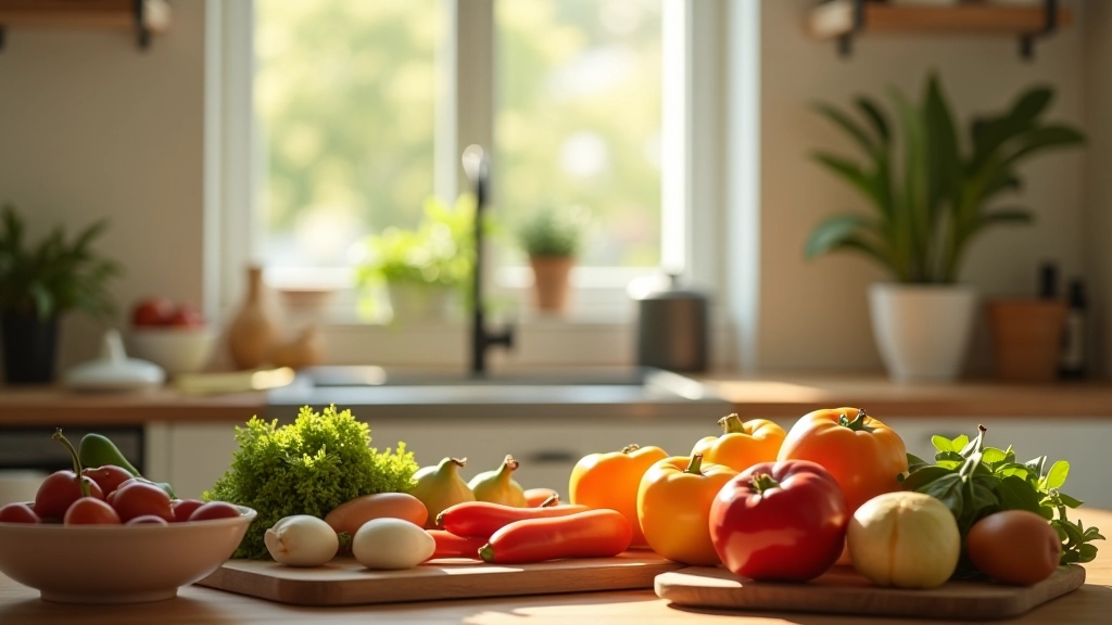 Cuisine familiale moderne avec ingrédients frais sur plan de travail, ambiance chaleureuse et lumière naturelle