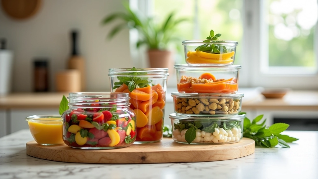 Assortiment de contenants en verre remplis de plats variés prêts à congeler
