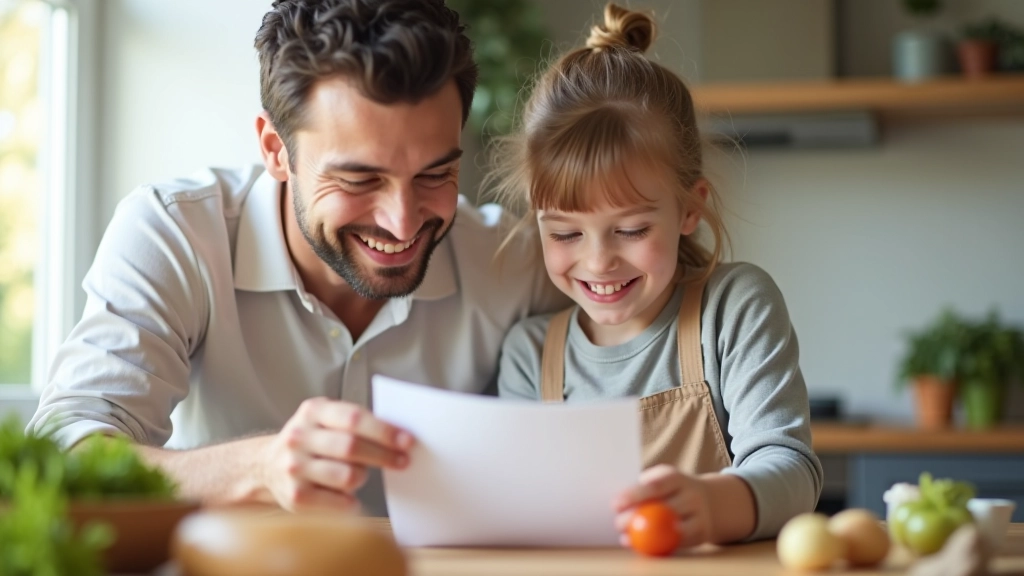 Parent et enfant examinant une liste d'ingrédients, enfant pointant du doigt sur une carotte