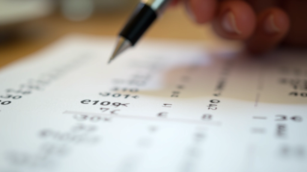 Stylo pointant vers des chiffres écrits sur papier, tableau avec calculs de budget alimentaire, lumière d'intérieur, gros plan