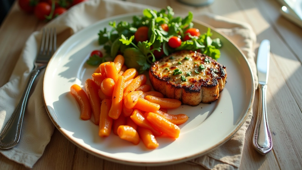Assiette avec portions clairement délimitées, légumes frais et protéine bien disposés, lumière douce de fin d'après-midi, vue de dessus