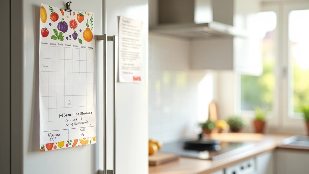 Calendrier saisonnier affiché sur un réfrigérateur avec fruits et légumes d'été dessinés à côté