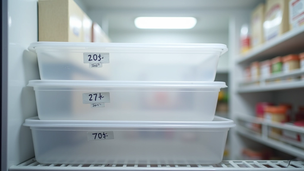 Contenants hermétiques empilés au congélateur avec étiquettes de date