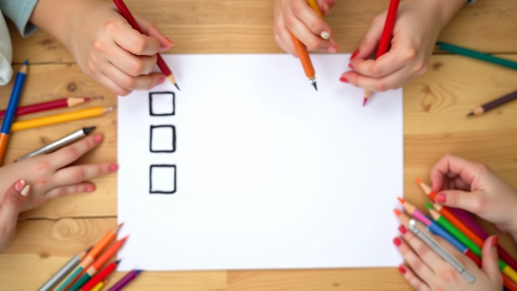 Feuille de vote avec trois menus et des crayons de couleur, mains d'enfants tenant les crayons