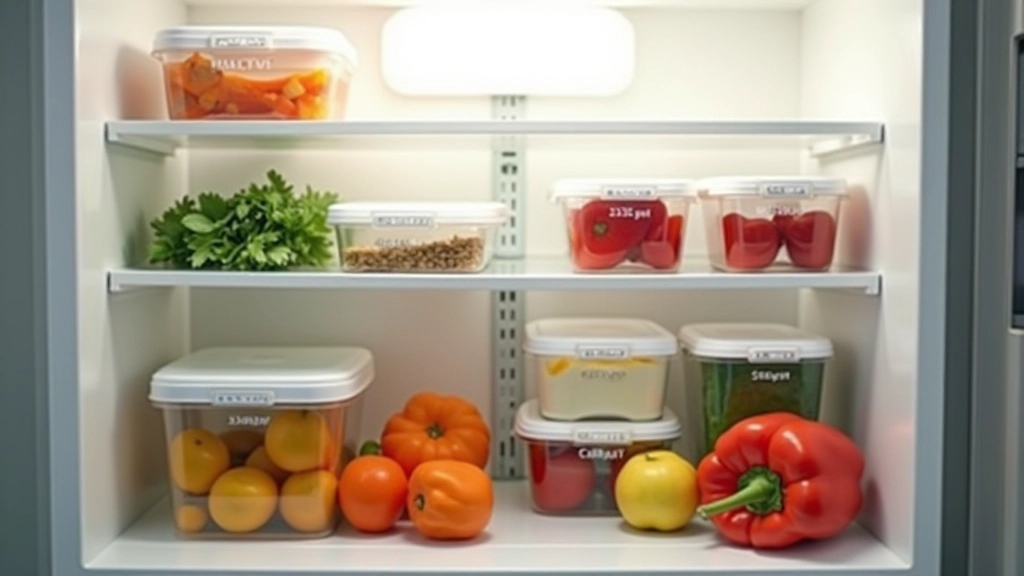 Réfrigérateur bien organisé avec boîtes de légumes préparés, étiquetées et empilées proprement