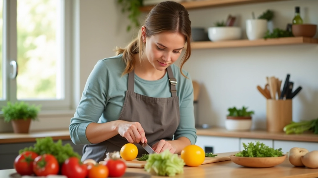 Femme préparant des ingrédients dans une cuisine lumineuse, dimanche après-midi